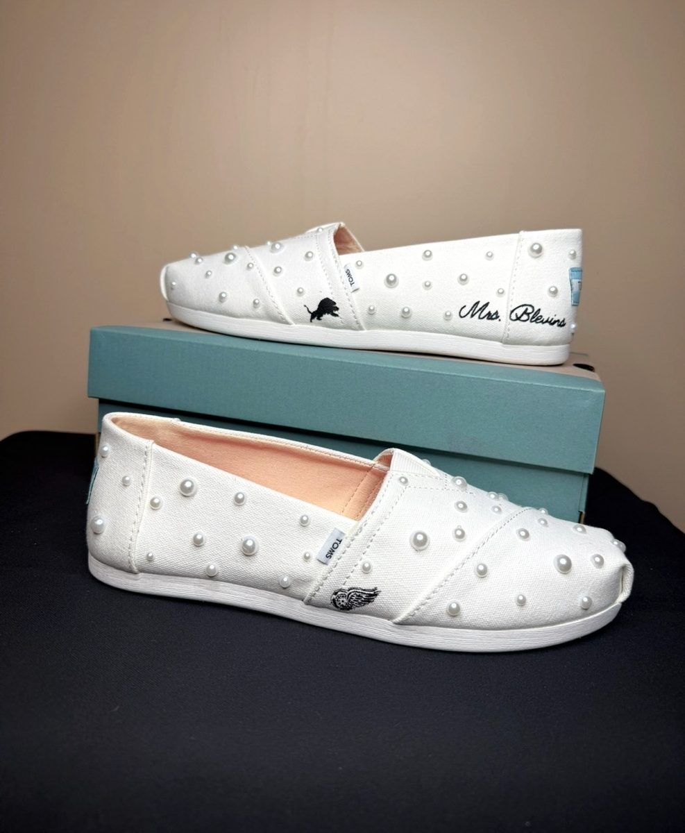 Pearl bridal slip-ons with her new name