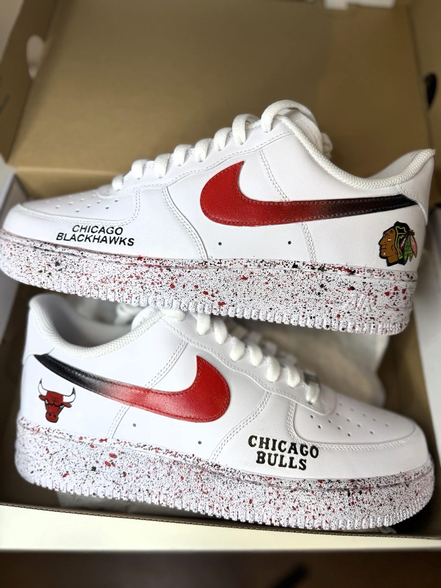 Red and white hand-painted sneakers with splatter detail