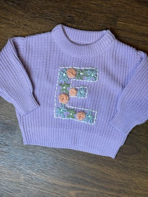 Hand-stitched kids letter sweater with little flowers