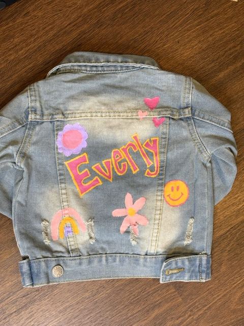 Hand-painted kids jean jacket with flowers and a name
