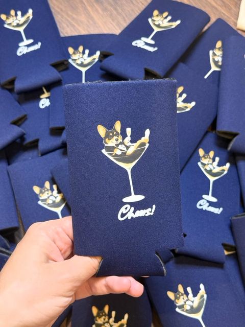 Navy koozie wedding favors with a custom design